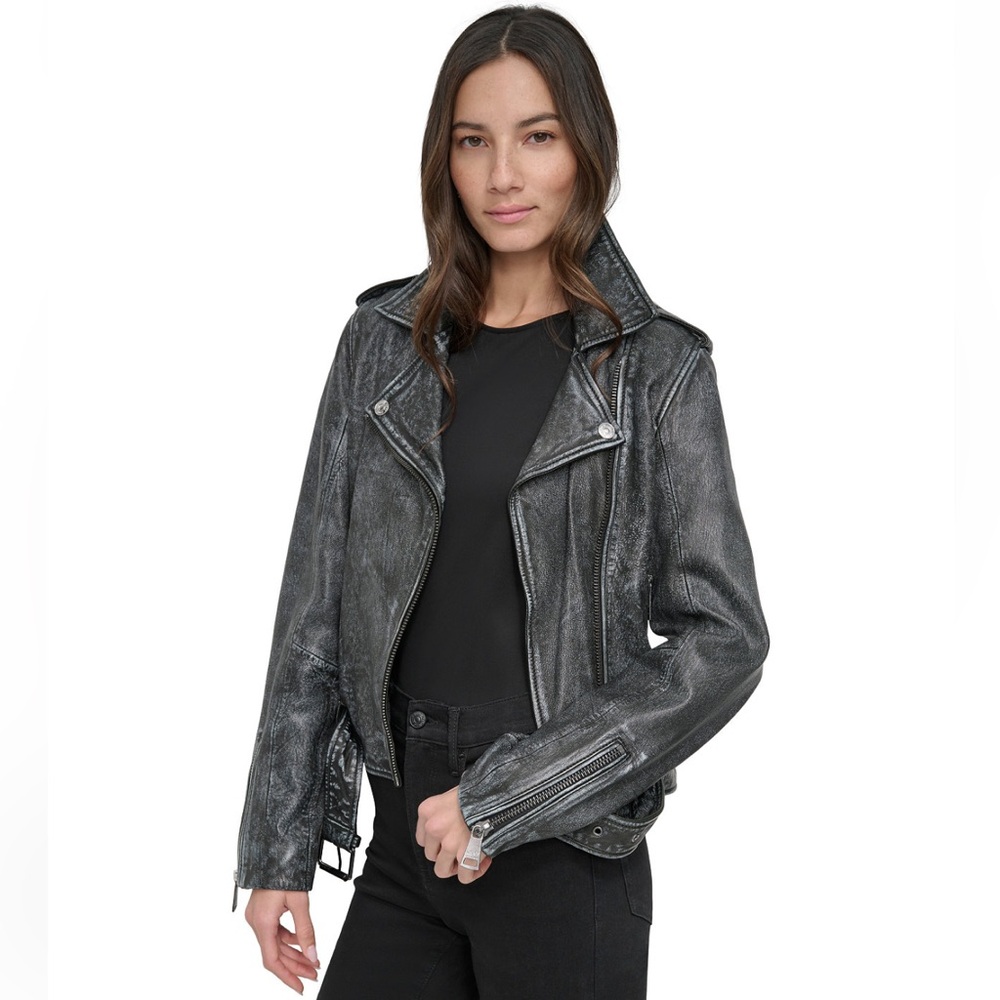 DKNY Jeans Charcoal Leather Moto Jacket - Picture 4 of 16
